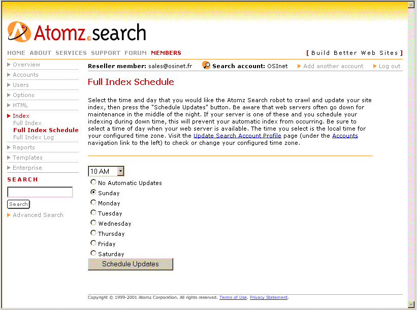 Interface de contrôle de l'indexation AtomZ Search